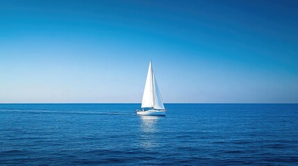 Fototapeta premium A sailboat in the distance, cruising across the deep blue ocean beneath a clear and cloudless sky.