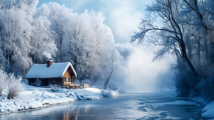 Snow-covered trees frozen river winter wonderland log cabin smoke chimney cool blues