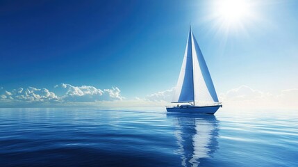 Fototapeta premium A sailboat with full sails, moving smoothly across a tranquil ocean, under the bright blue sky.