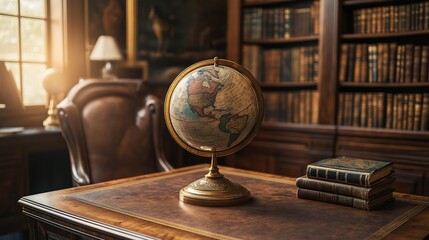 spinning globe on a mahogany desk in a sunlit study, surrounded by rich browns and gold tones