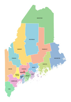 Maine, U.S. state, subdivided into 16 counties, multi colored political map with capital Augusta, borders and county names. State in the New England region of the USA. Pine Tree State. Vacationland.