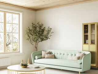 Aquamarine sofa, pale walls, soft wood top, metallic storage.