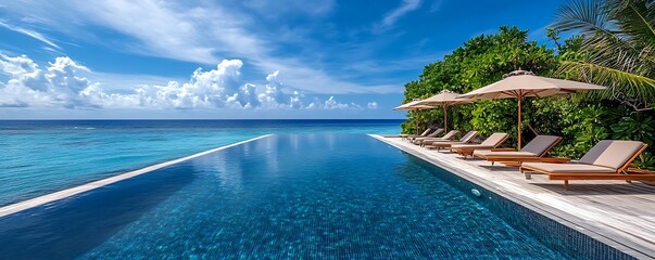 Infinity Pool Overlooking Ocean with Loungers and Palm Trees - Photo