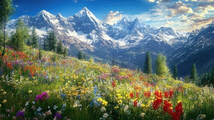 Fototapeta premium A beautiful alpine meadow with vibrant wildflowers, surrounded by snow-capped mountains