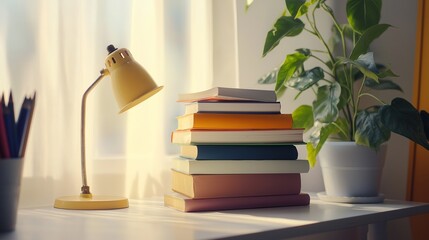 stack of colorful books on a minimalist white desk, bathed in soft, diffused light