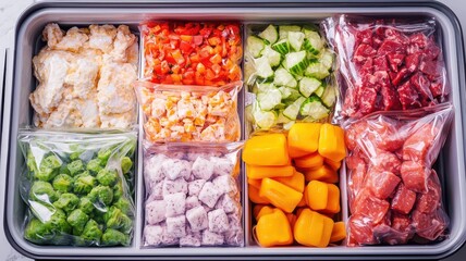 Freezer compartment filled with various frozen food bags, Efficient storage, Organized meal prep