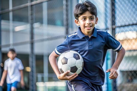 Indian Boy in Soccer Uniform Running - An Indian boy in a soccer uniform running across a grassy field with a football.
