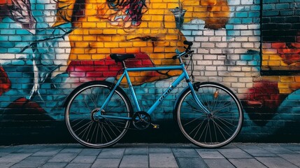 vibrant blue bicycle leaning against a colorful mural on a city street