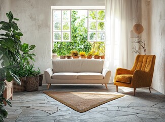 Sleek living area with dove sofa, amber chair, trapezoid rug, spice garden window. Simple philosophy.