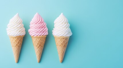 Three Ice Cream Cones on a Blue Background
