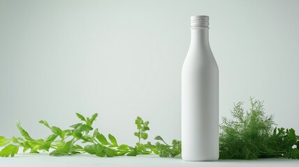 white bottle standing upright in a plain studio, some green herbs