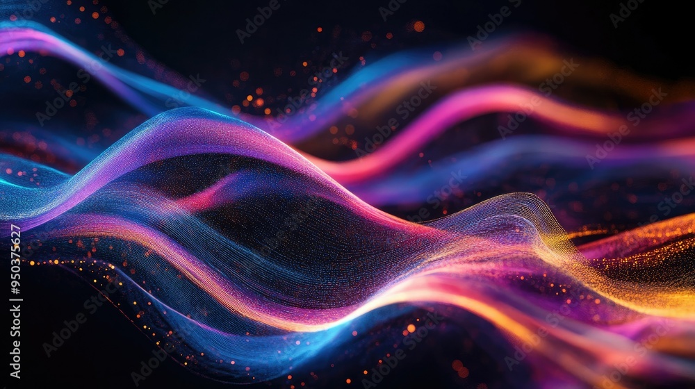 Poster abstract wave of colorful lines flowing across a dark background, creating a sense of motion and ene