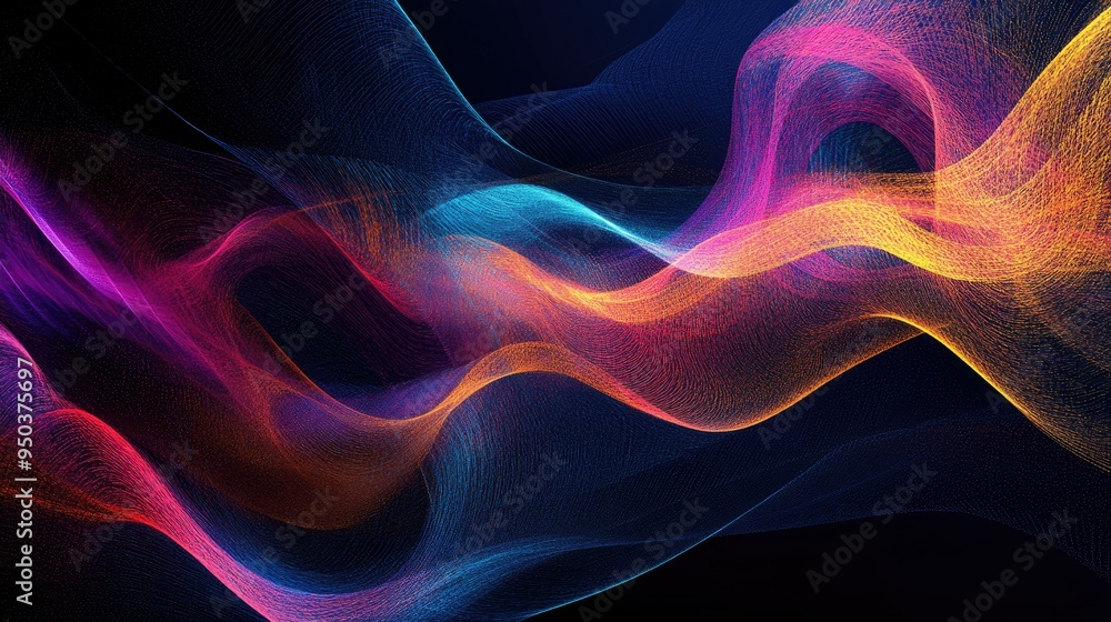 Poster abstract wave of colorful lines flowing across a dark background, creating a sense of motion and ene