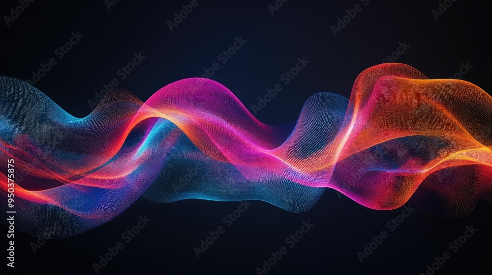 Poster abstract wave of colorful lines flowing across a dark background, creating a sense of motion and ene