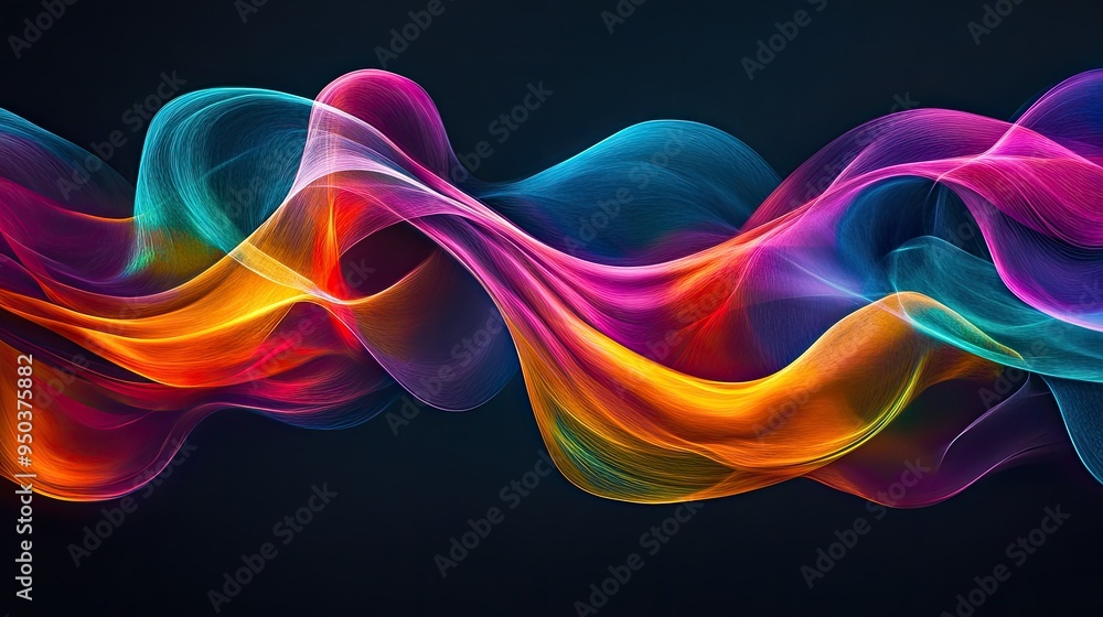 Poster abstract wave of colorful lines flowing across a dark background, creating a sense of motion and ene