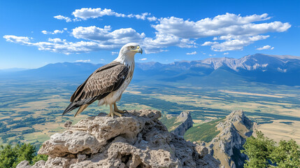 A bald eagle is perched on a rock overlooking a vast, open plain