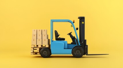 Blue Forklift with Boxes on a Yellow Background