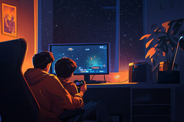 Anime lofi dad with his son is playing videos games at night. Dark sky outside with clear stars.