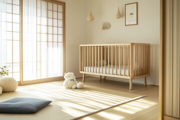 Serene Japandi-Style Nursery with Light Wood Crib and Tatami Mat bathed in Soft Morning Light, Wide-Angle Shot