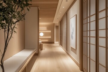Obraz premium Serene Japandi Hallway with Minimalist Decor and Soft Lighting, Side View of Clean Design
