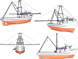 Vector sketch illustration of the design of a fishing boat searching for fish on the high seas