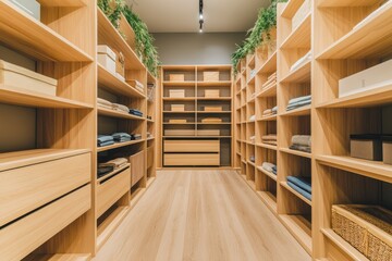 Obraz premium Minimalist Elegance: Modern Japandi Walk-in Closet with Light Wood Shelves and Organized Layout
