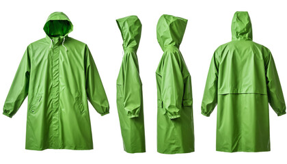 Side, front and back view of a green raincoat template on a transparent background.