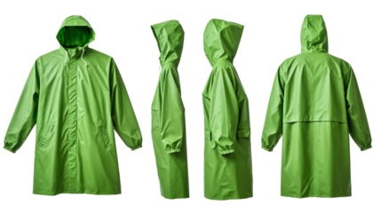 Side, front and back view of a green raincoat template on a transparent background.
