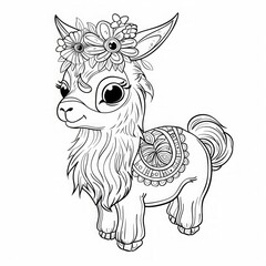 Decorative llama with a flower crown and intricate patterns. Black and white line art illustration. Animal and nature concept. Coloring book. Generative AI