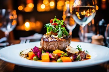 A gourmet steak, perfectly cooked and garnished with vegetables, sits elegantly on a white plate in a fine-dining setting with ambient lighting and a glass of white wine.