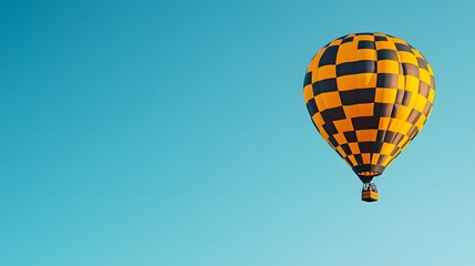 Naklejka premium A hot air balloon flying in the sky, with a yellow and black checkered pattern. Against a clear blue background with copy space