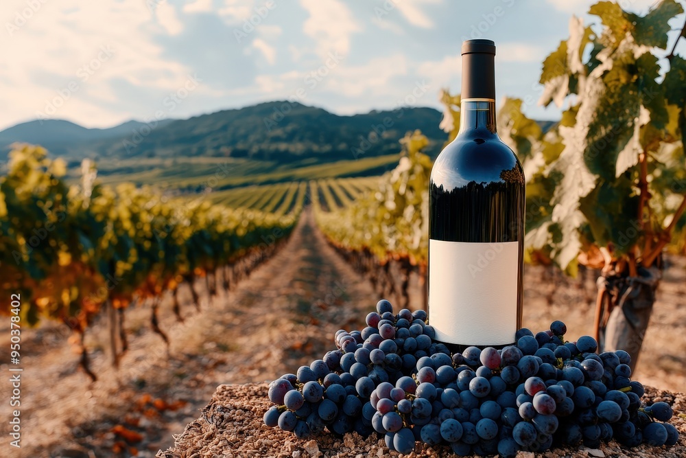 Wall mural a bottle of wine stands elegantly on a table adorned with freshly picked grapes, set against the lus