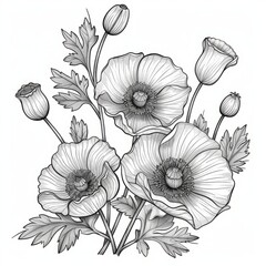 Fototapeta premium Field of poppies with buds and stems. Detailed black and white line drawing illustration. Botanical and nature concept for coloring book and print. Generative AI