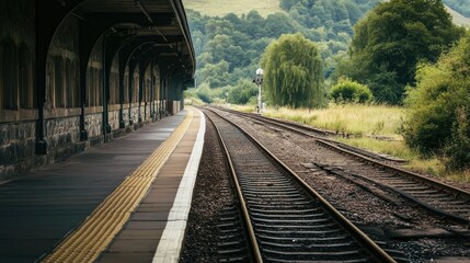 An empty train station platform in a picturesque countryside setting, with tracks leading into the distance