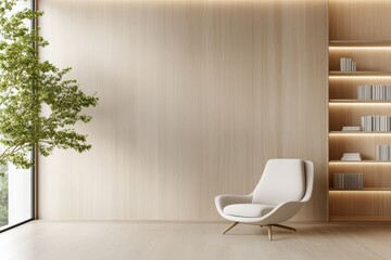 Cozy Minimalist Reading Nook with Light Wood Bookshelf and Neutral Armchair in Serene Corner