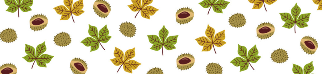 colors chestnut seamless pattern print background. Horizontal banner with chestnut leaves and chestnuts. Autumn header for website template, flat top view. 