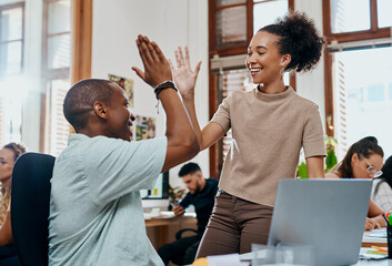 Happy people, business and laptop with high five for teamwork, success or winning at office....