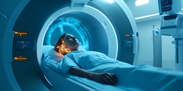 Advanced MRI Scan, Patient Undergoing Brain Imaging in Modern Medical Facility, Person undergoing a scan
