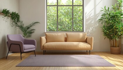 Fototapeta premium Stylish living room with wheat couch, lavender chair, and clean decoration beside greenery.