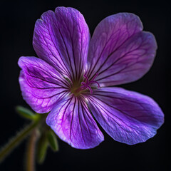 Fototapeta premium A close-up of a purple flower, a geranium blossom, macro photography, dark background, detailed, high-definition