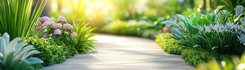 Serene garden path bathed in morning sunlight, nature's tranquility, peaceful ambiance