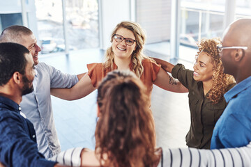 Office, team building and huddle together in support for teamwork, collaboration and motivation at...