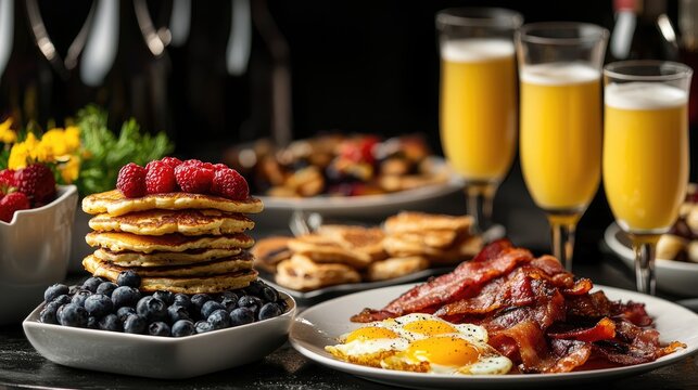 a table for American brunch that has Bacon, scrambled eggs, a stack of blueberry pancakes, and several Mimosa, all plated separately, background is dark and elegant