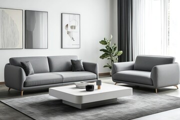 Modern living room with gray sofas, a white minimalist table, and a gray textured rug.