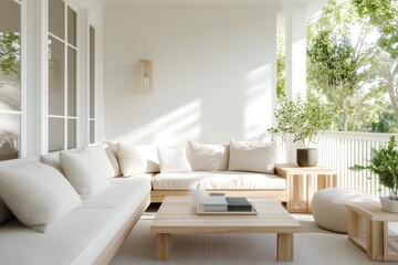 Fototapeta premium Serene Minimalist Porch with Light Wood Seating and Greenery Inviting Warmth