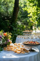 Catering setup in a summer garden with tables arranged for an event, featuring an assortment of tartlets, canapes, and appetizers. The scene highlights an elegant outdoor dining experience.