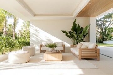 Fototapeta premium Cozy Minimalist Porch with Light Wood Seating and Greenery, Warm and Welcoming Front-Facing Shot