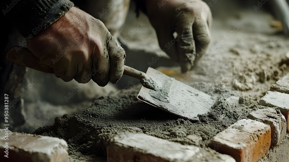 Poster closeup of a professional mason skillfully using a trowel to spread and smooth mortar between bricks