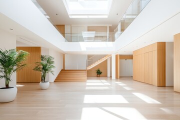 Tranquil Minimalist Atrium with Light Wood Accents and Skylight - Serene Bright Space with Open Skylight View from Above