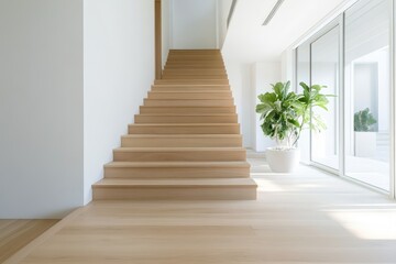 Fototapeta premium Tranquil Minimalist Stairway in Light Wood Tones with Simple Railing, Modern Design in Side Shot